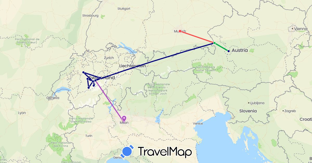 TravelMap itinerary: driving, bus, train, hiking in Austria, Switzerland, Germany, Italy (Europe)